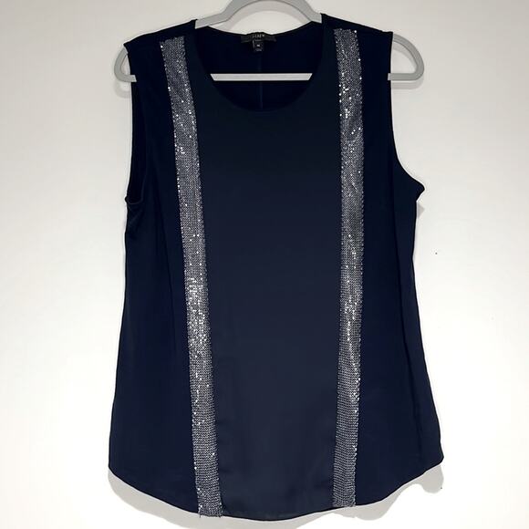 J. Crew Mixed Media w/ Metal Sequin Trim Sleeveless Blouse Size M Navy Cotton - Picture 1 of 7